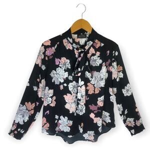 Astr The Label Tie Neck Long Sleeve Blouse Top Size S Black Pink Floral Sheer
